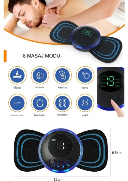 8 Modlu Mini Şarjlı Kelebek LCD Ekran Ems Boyun Omuz Kol Sırt Elektrikli Masaj Bantı Kas Stimülatörü