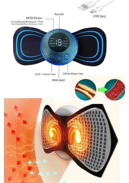 8 Modlu Mini Şarjlı Kelebek LCD Ekran Ems Boyun Omuz Kol Sırt Elektrikli Masaj Bantı Kas Stimülatörü indirimleri