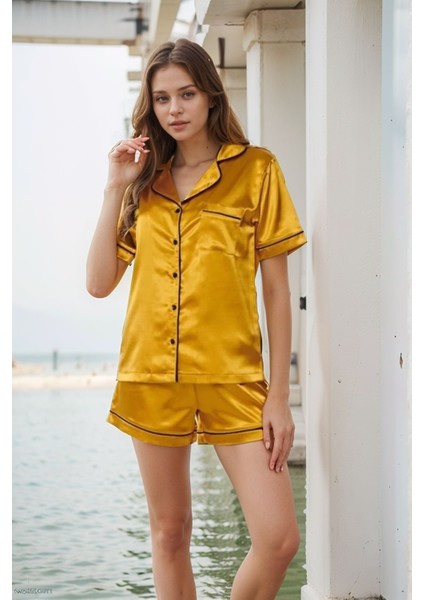 Önden Düğmeli Saten Kısa Kollu & Şort Pijama Takımı LL.F01.AA.L001 modelleri