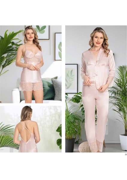Saten 6'lı Pijama & Gecelik & Sabahlık & Şort & Büstiyer Hediyelik Çeyizlik Set L1.JJ.0042.0A.12.01