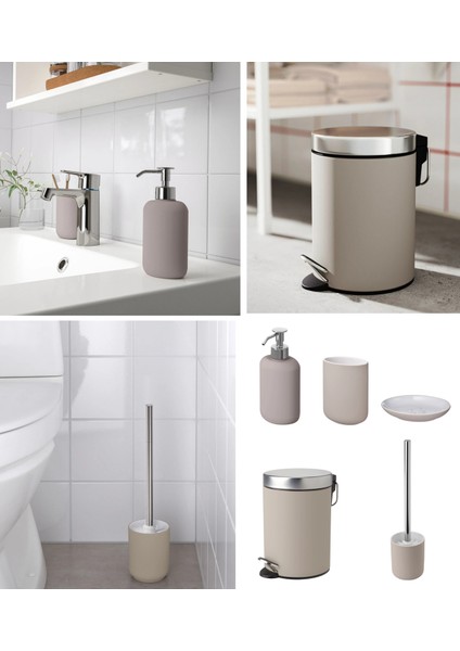 5'li Banyo Seti Çöp Kovası (Çelik) - Diş Fırçalık Sabunluk Tuvalet Fırçası (Porselen)