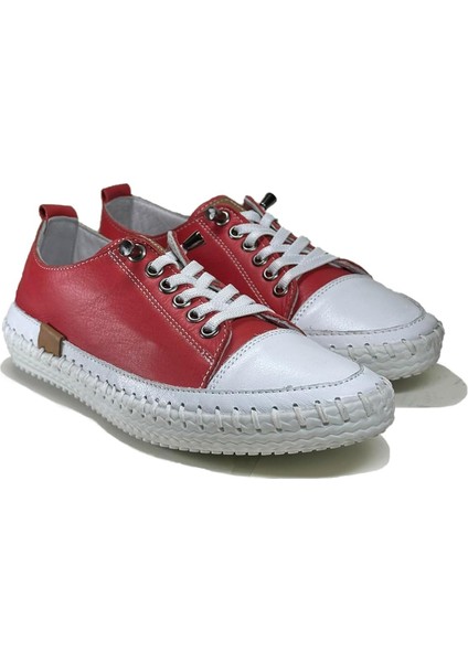 Kadın Hakiki Deri Kırmızı Sneaker El Dikişli Günlük Spor Ayakkabı Bağcıklı Rahat Taban