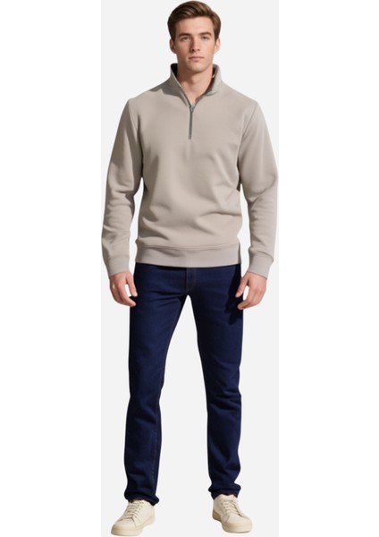 Unisex Relax Rahat Kesim Pamuklu Içi Polarlı Yarım Fermuarlı Dik Yaka Sweatshirt