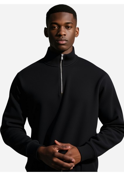 Unisex Relax Rahat Kesim Pamuklu Içi Polarlı Yarım Fermuarlı Dik Yaka Sweatshirt indirimleri