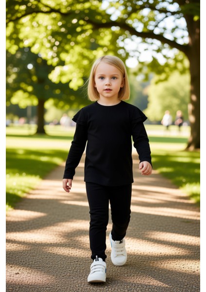 Kız Çocuk Pamuklu Fitilli Üst ve Geniş Paça Tayt Takımı Kaliteli Şık Rahat Günlük