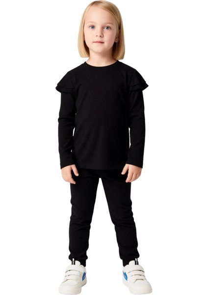 Kız Çocuk Pamuklu Fitilli Üst ve Geniş Paça Tayt Takımı Kaliteli Şık Rahat Günlük fırsatları