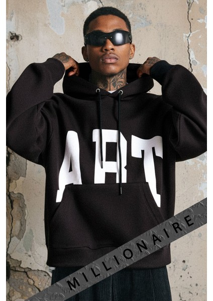 Erkek Siyah Art 3 Iplik Şardonlu Kapüşonlu Kanguru Cepli Oversize Salaş Hoodie Sweatshirt