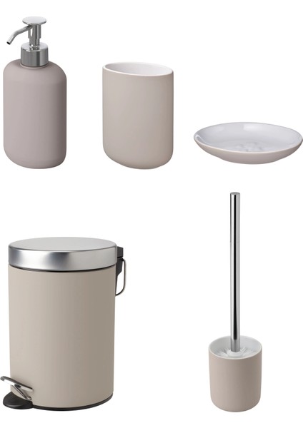 5'li Banyo Seti Çöp Kovası (Çelik) - Diş Fırçalık Sabunluk Tuvalet Fırçası (Porselen)