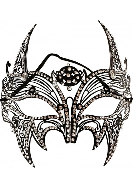 Siyah Renk Lazer Kesim Üzeri Kristal Taşlı Metal Lüks Maske Balo Parti (5324)