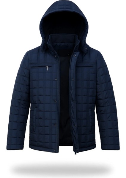 Erkek Lacivert Kapüşonlu Içi Kürklü Şişme Su Itici Rüzgar Geçirmez Mont