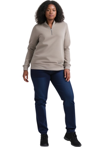 Unisex Relax Fit Rahat Kesim Pamuklu Içi Polarlı Yarım Fermuarlı Dik Yaka Sweatshirt