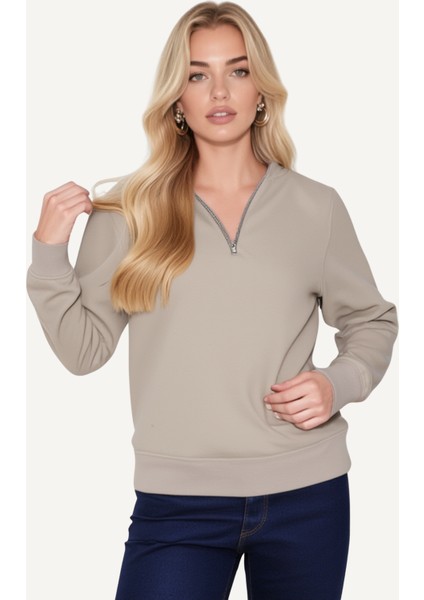 Unisex Relax Fit Rahat Kesim Pamuklu Içi Polarlı Yarım Fermuarlı Dik Yaka Sweatshirt modelleri