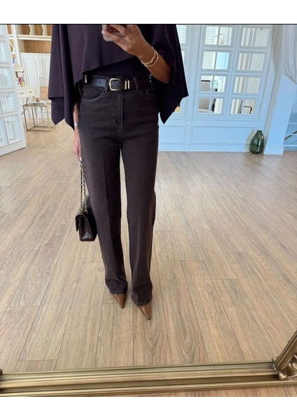 Kemerli Yüksek Bel Likralı Kapalı Paça Jean