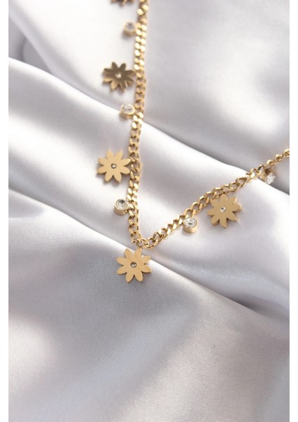Bfs 316L Çelik Taşlı Gold Renk Çoklu Çiçek Kolye fiyatları