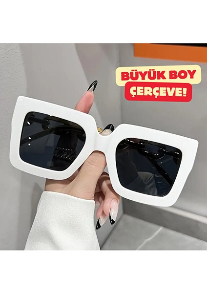 Kadın Büyük Kare Moda Gözlüğü Beyaz
