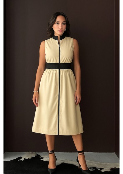 Kadın Dik Yaka Önü Fermuarlı Yırtmaçlı Baharlık Yazlık Beli Lastikli Şık Ceket Elbise fırsatları