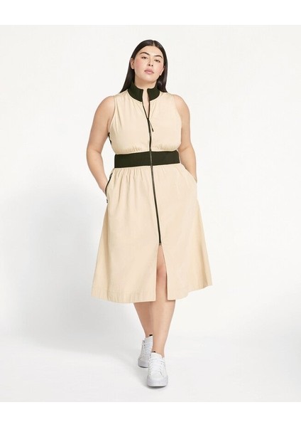 Kadın Dik Yaka Önü Fermuarlı Yırtmaçlı Baharlık Yazlık Beli Lastikli Şık Ceket Elbise indirimleri