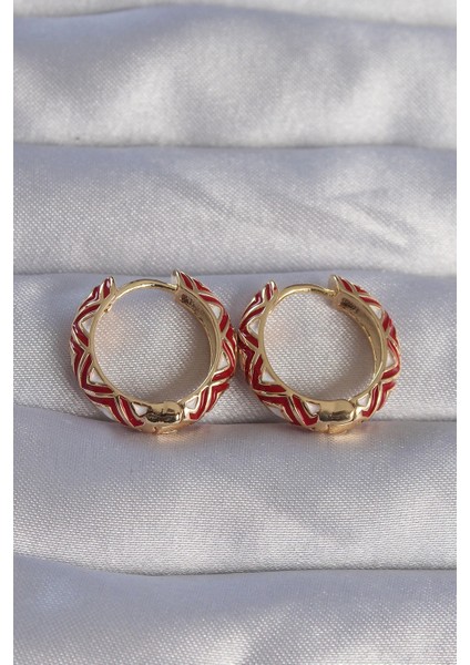 Bfs Pirinç Gold Renk Kırmızı Etnik Desenli Halka Küpe