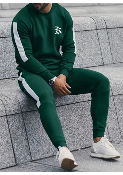 Büyük Beden Özel Tasarım R Tribal Baskılı Şerit Dikişli %100 Pamuk Dış Mekan Erkek Eşofman Takımı