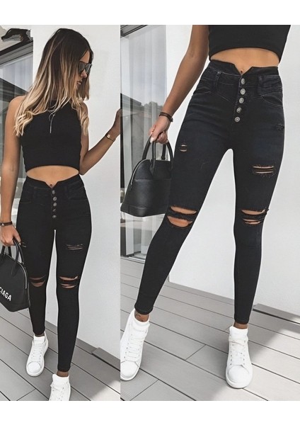 Mdb Kadın 5 Düğmeli V Detay Bel Yırtık Kot modelleri