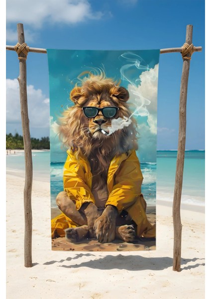 Aslan Desenli Pamuk Plaj Havlusu – Desenli Tasarım – 75X150 cm