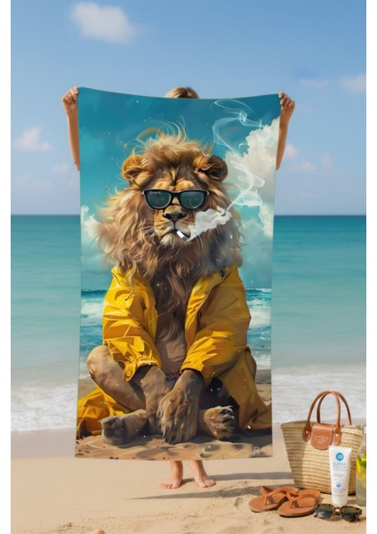 Aslan Desenli Pamuk Plaj Havlusu – Desenli Tasarım – 75X150 cm fiyatları