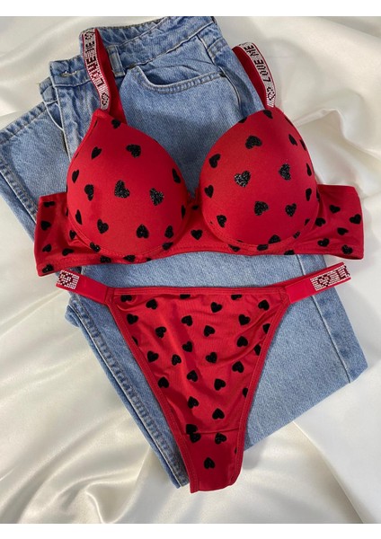 Kadın Kalpli Taşlı Balenli Destekli Dolgulu Push Up Sütyen Takımı Iç Çamaşırı Takımı