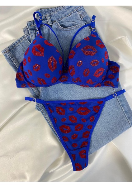 Kadın Öpücük Baskılı Ipli Balenli Destekli Dolgulu Push Up Sütyen Takımı Iç Çamaşırı Takımı