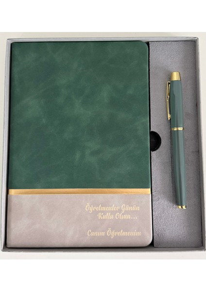 Öğretmenler Günü Hediyesi – Şık Defter ve Kalem Seti | Yeşil Renk, Hediye Kutulu