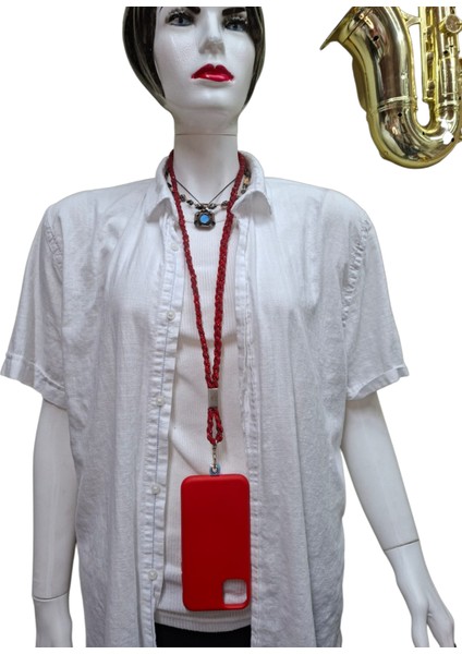 Kırmızı Taşlı Örgü Telefon Askısı Tüm Kılıflara Uyumlu