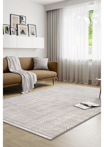 Yalın Modern Dokuma Halı Kaymaz Tabanlı Yıkanabilir Salon ve Oturma Odası Halısı 5577 Krem