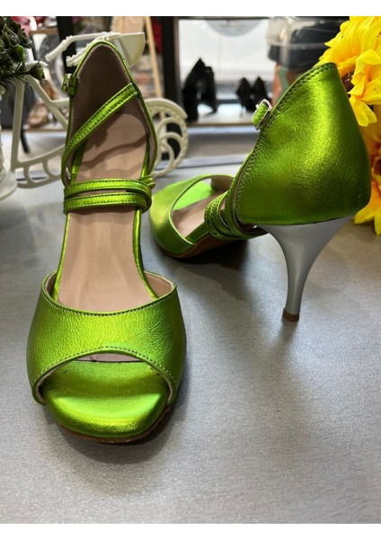Neon Yeşil -Kapalı Topuk 8,5 cm 13 Pont Topuk Boy Tango, Dans ve Abiye Ayakkabısı