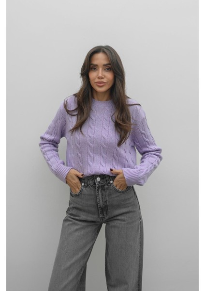 Lila Saç Örgülü Triko Kazak
