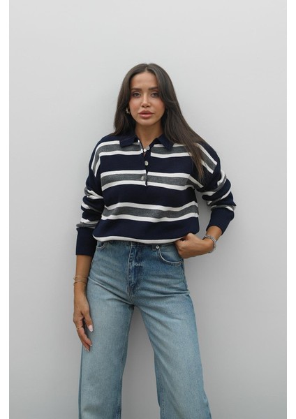 Lacivert Krem Çizgili Polo Yaka Kazak