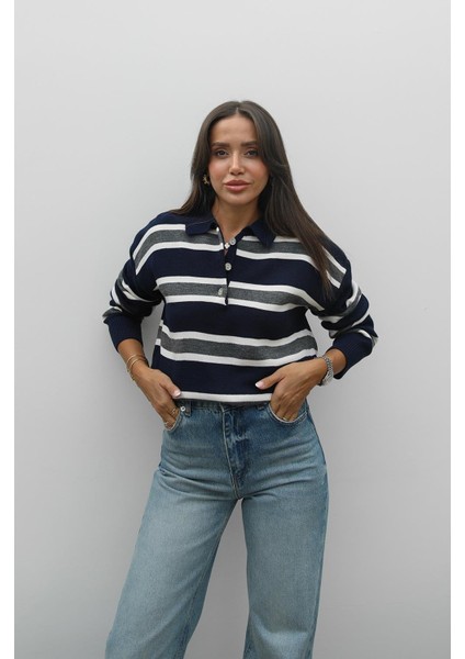 Lacivert Krem Çizgili Polo Yaka Kazak fiyatları