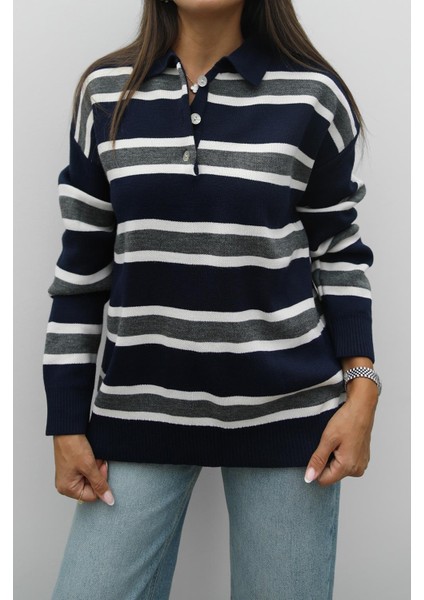 Lacivert Krem Çizgili Polo Yaka Kazak modelleri