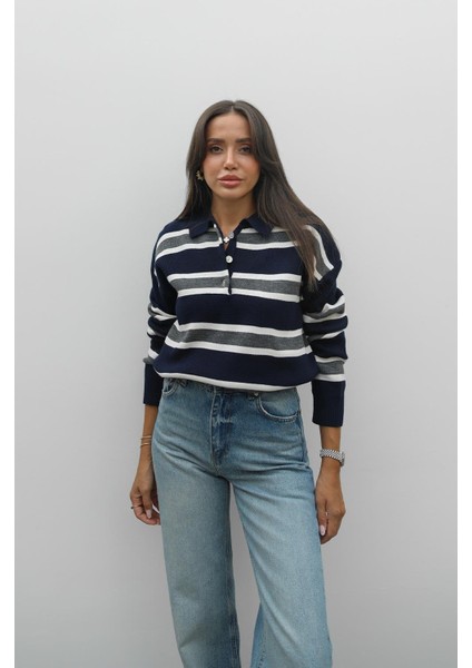 Lacivert Krem Çizgili Polo Yaka Kazak fırsatları