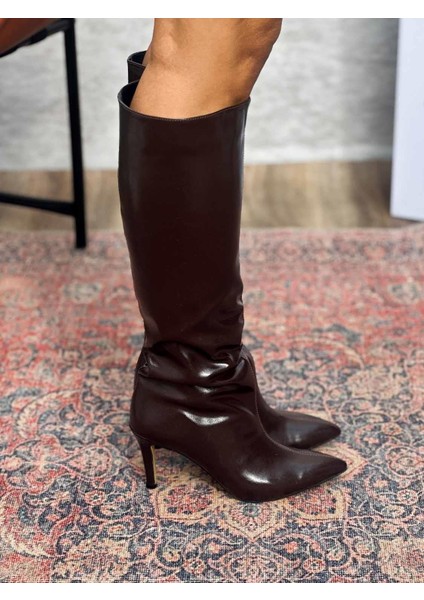 Neva Ince Topuklu Sivri Burun Acı Kahve Kadın Çizme