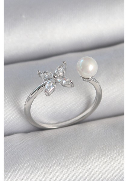 Pirinç Gümüş Renk Zirkon Taşlı Çiçek Model Inci Detay Ayarlanabilir Kadın Yüzük - Lisinya