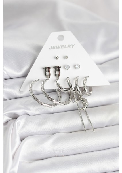 Zarif Kulaklar Için 6parça Silver Pirinç Motif Kadın Küpe Seti