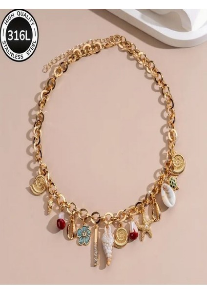 Altın Rengi Yüksek Kalite Paslanmaz Çelik Denizyıldızlı KOLYE-18K Altın Kaplama