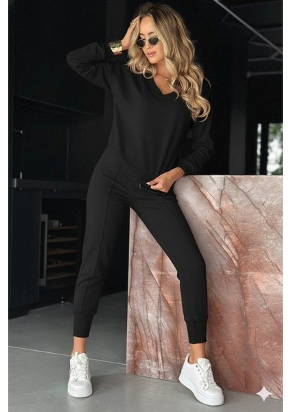 Kadın Uzun Kollu V Yakalı Viskon Iki Iplik Bluz ve Pantolon Ikili Takım