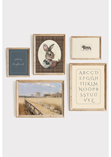 Vintage Kitap Okuyan Tavşan ve Alfabeli Çerçeveli Poster Set