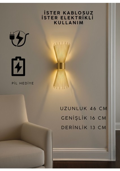 Gold Modern Pilli ve Elektrikli Duvar Aplik Kirpi