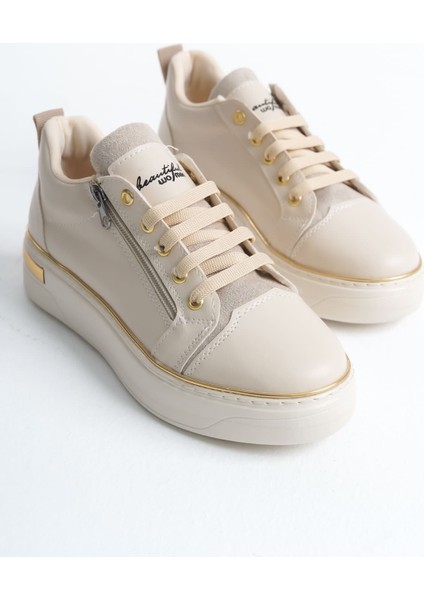 Dına Bağcıklı Fermuarlı Ortopedik Taban Kadın Sneaker Spor Ayakkabı Ckt - Krem/altın modelleri