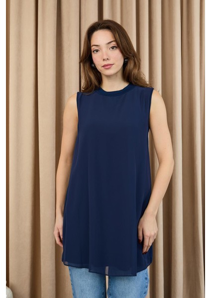 Kadın Kolsuz Tül Detaylı Içlik Tunik - 10270TUN - Navy