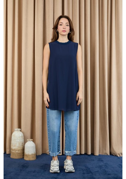 Kadın Kolsuz Tül Detaylı Içlik Tunik - 10270TUN - Navy fırsatları