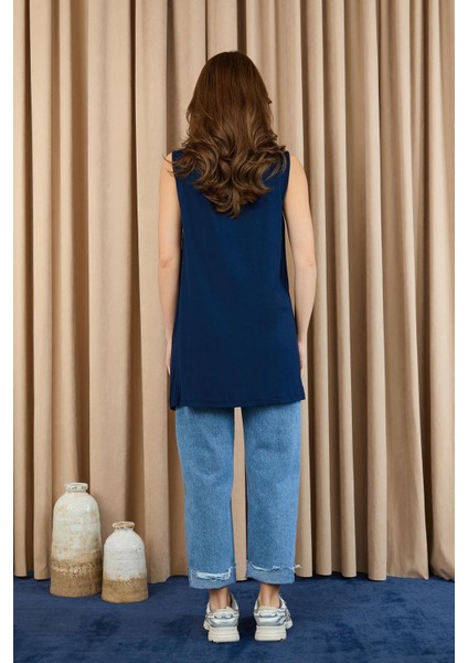 Kadın Kolsuz Tül Detaylı Içlik Tunik - 10270TUN - Navy indirimleri