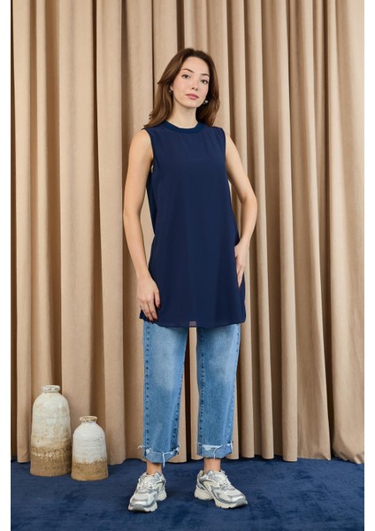 Kadın Kolsuz Tül Detaylı Içlik Tunik - 10270TUN - Navy