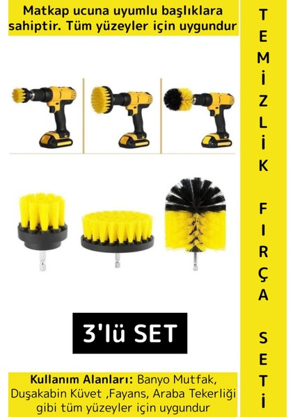 Premium Banyo Küvet Fayans Mutfak Oto Koltuk Tekerlek Matkap Ucuna Takılan 3'lü Temizlik Fırça Seti
